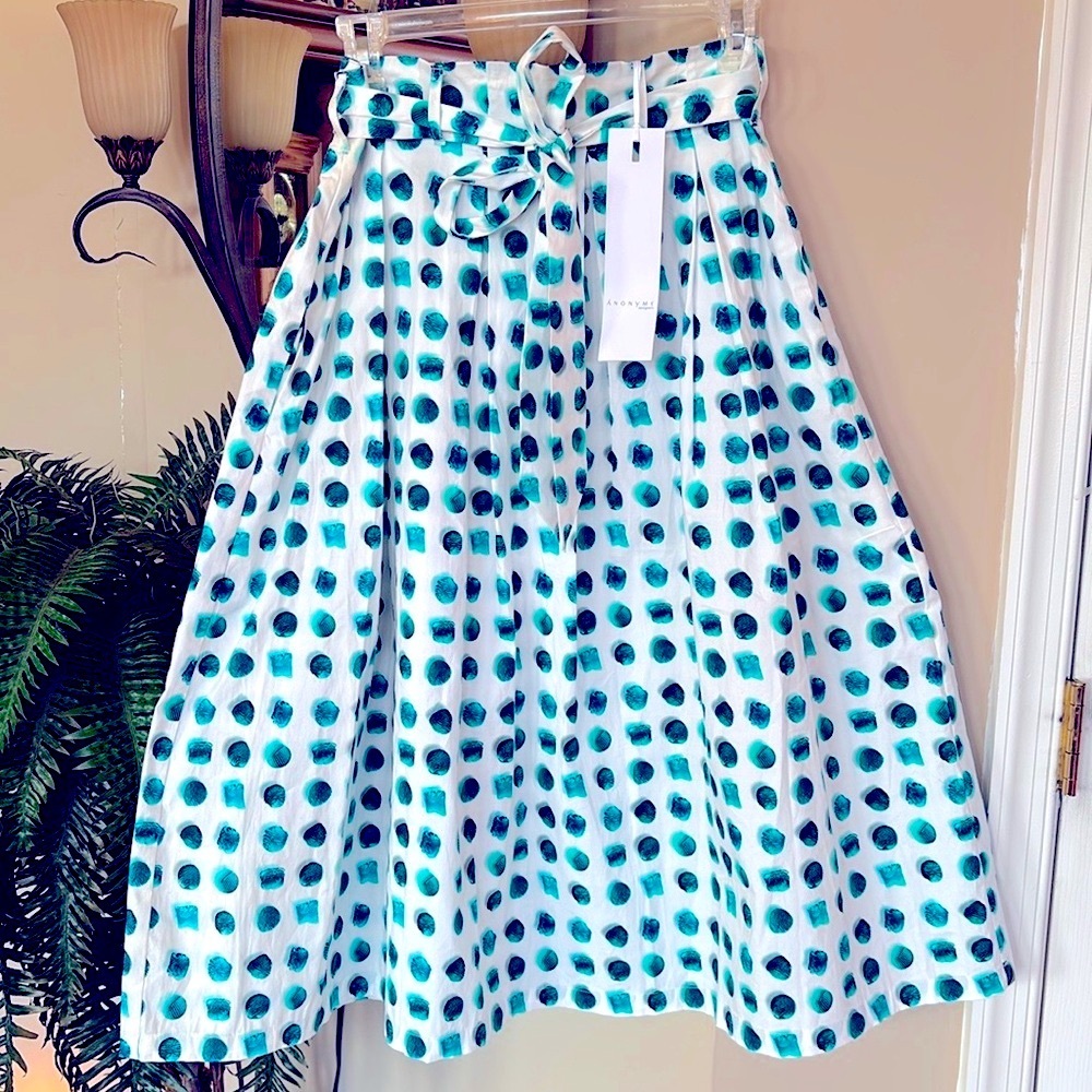 Brand New Anonyme White & Green Dots Full A-Line Midi Skirt Belted Tie Waist
